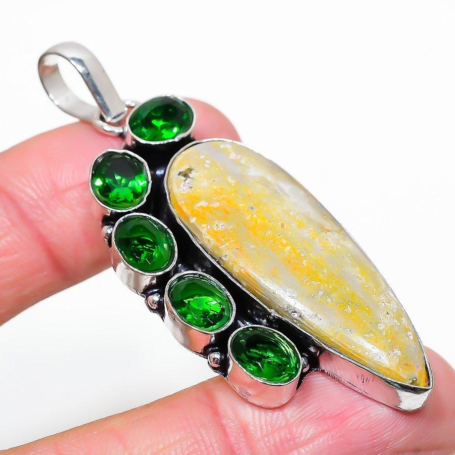 Bumble Bee Jasper, Diopside 925 Sterling Silver Gift Pendant 2.56" O1z39