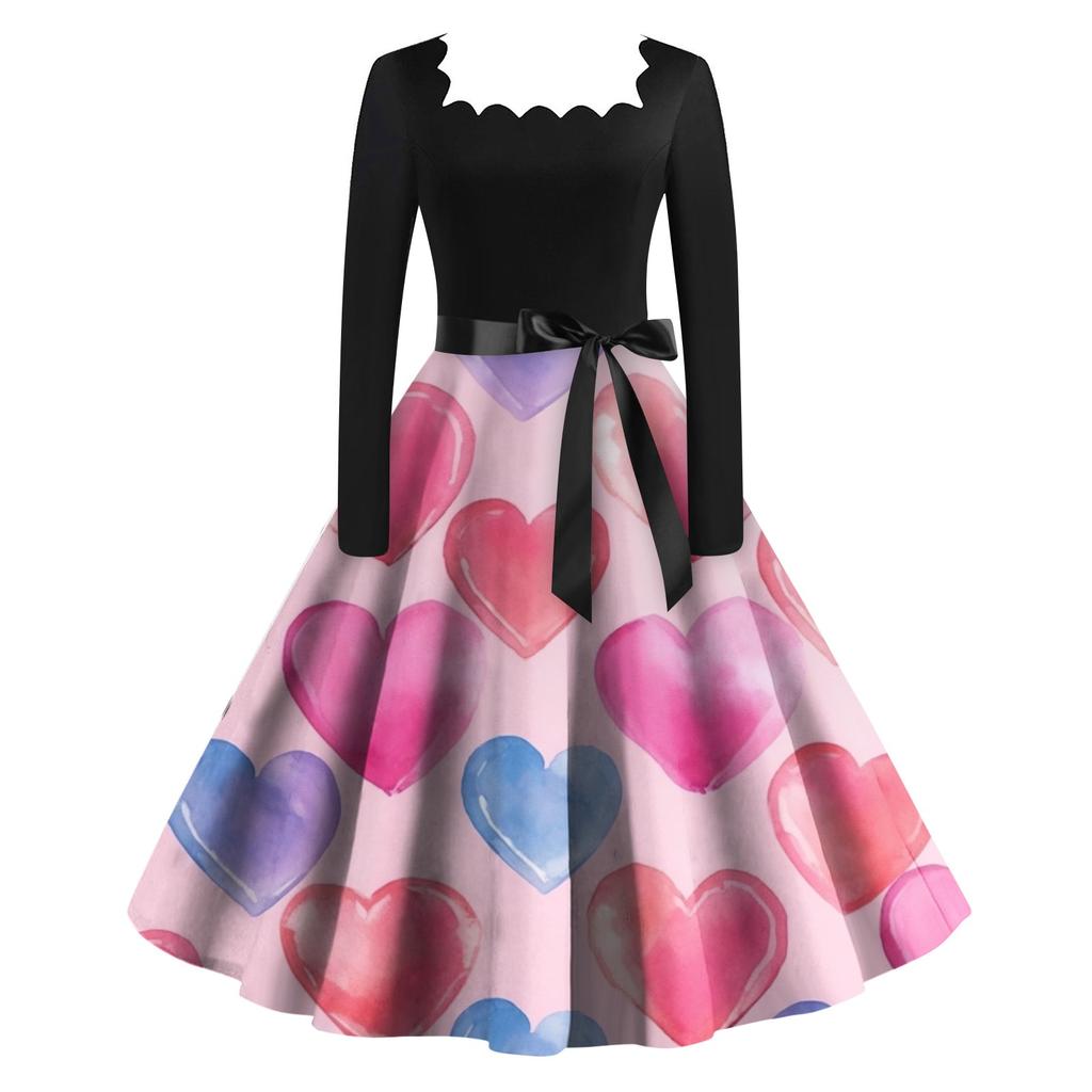 Женское винтажное классическое платье с длинным рукавом и принтом ко Дню святого Валентина, свободное платье с квадратным воротником