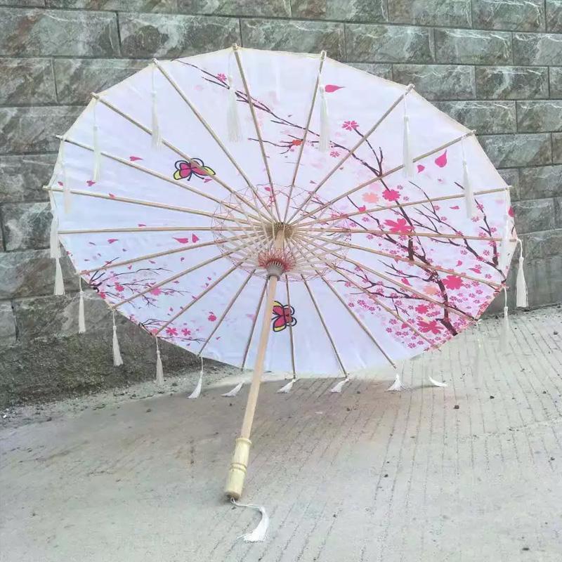 1PC with Tassel Classical Women's Umbrella for Hanfu Accessories Satin Cloth Photograph Props Fairy Ancient Parasol