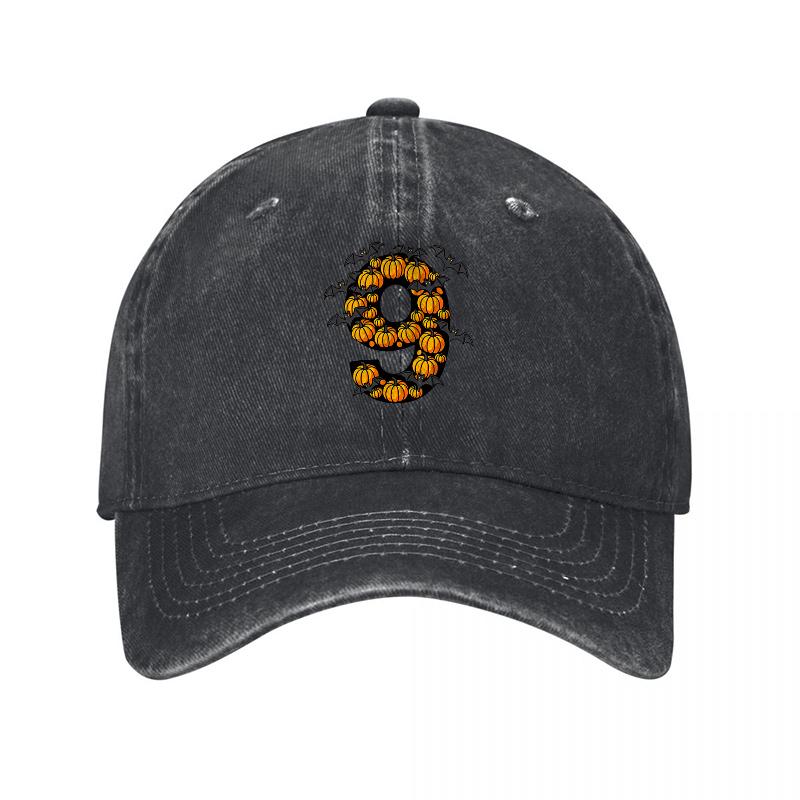 Washed Canvas Baseball Cap with Orange Pumpkin Number Nine Embroidery Design for Autumn Seasonal Style and Casual Wear