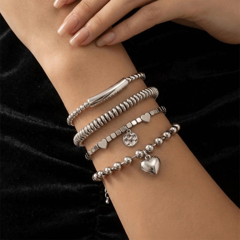Silver Heart Pendant Bracelets Beaded Metal Hand Chain Vintage Imitation Pearl Bracelets  Gifts