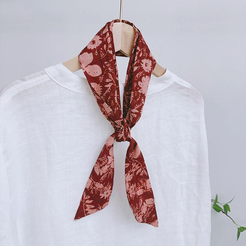 Spring Summer Floral Print Cotton Skinny Scarf Women Soft Neckerchief Hairband Lady Headband Bagscarf Female Neck Ties