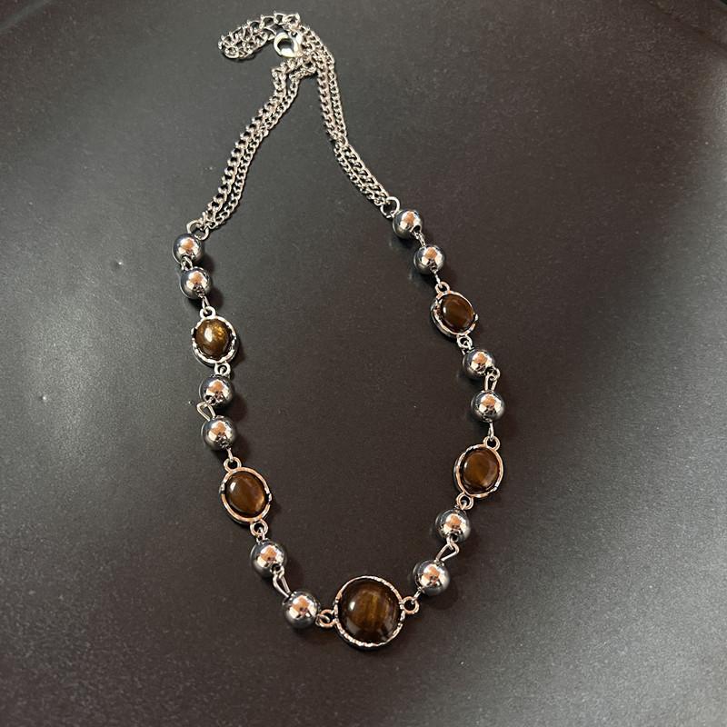 Винтажная кожаная коричневая подвеска-камень, ожерелье-чокер, цепочка на ключицы, темперамент, для женщин, девушек, осеннее, зимнее