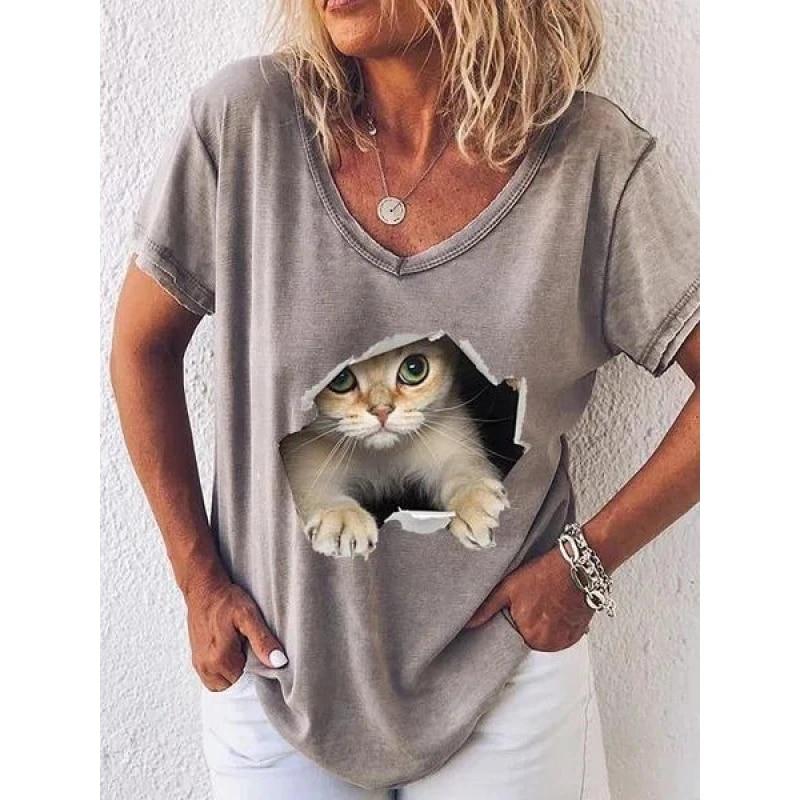 Fashion Woman Blouses T-shirt Women's 3d Cats Print Black Kawaii V-neck T Shirt Female Clothing Oversized Summer Tops Tees