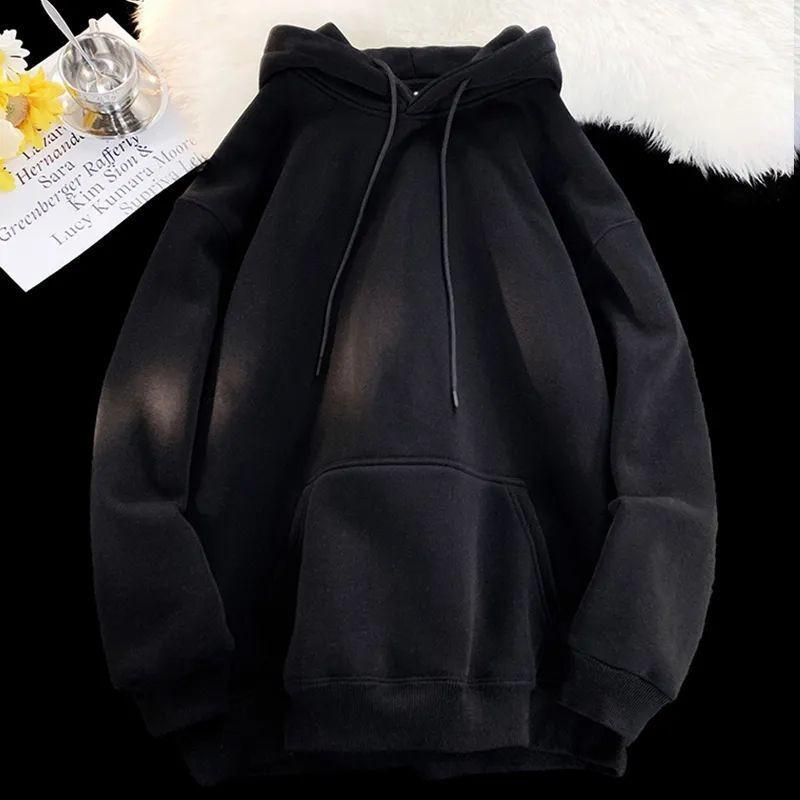 Unisex Oversized Hooded Sweatshirt Solid Color Warm Fleece Lined Casual Pullover Winter