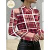 Burgundy pink and white plaid print cross-neck bottoming shirt for women, autumn and winter standard size long sleeves