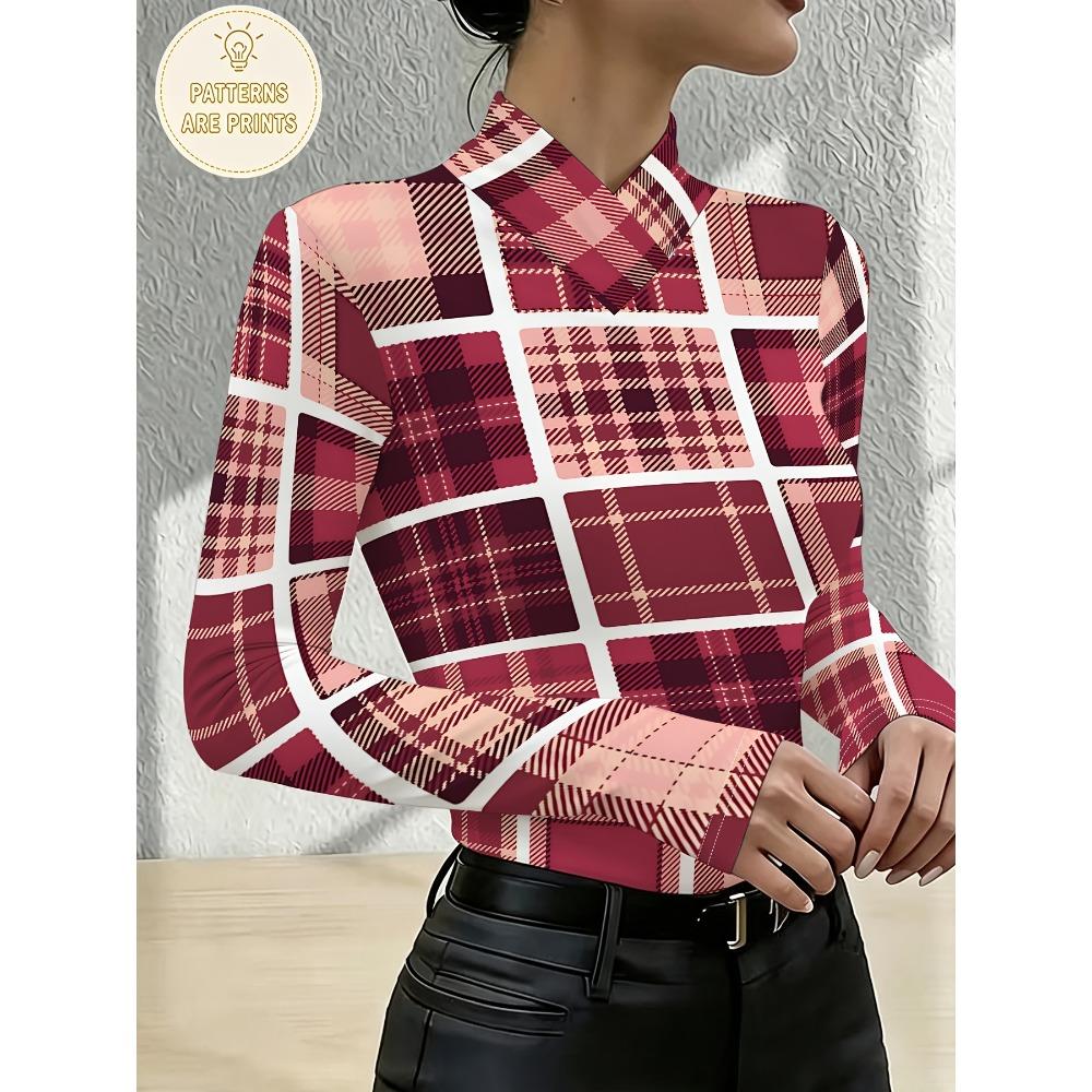 Burgundy pink and white plaid print cross-neck bottoming shirt for women, autumn and winter standard size long sleeves