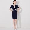 Женское платье с коротким рукавом в стиле колор-блок темно-синего цвета - Профессиональная рабочая одежда для салонов