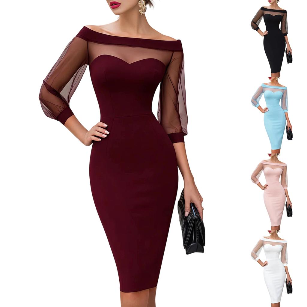 Женское bodycon платье-сетка с открытыми плечами, пэчворк, элегантное, облегающее, midi, с прозрачными рукавами, для летних вечеринок