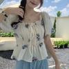 Elegant Square Collar Shirt Sweet Broken Flowers French Style Fashion Shirring Women's Clothing Summer Basic Drawstring Blouse