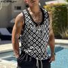 Men Plaid Sleeveless Tops Summer U Neck Casual Tanks Vest
