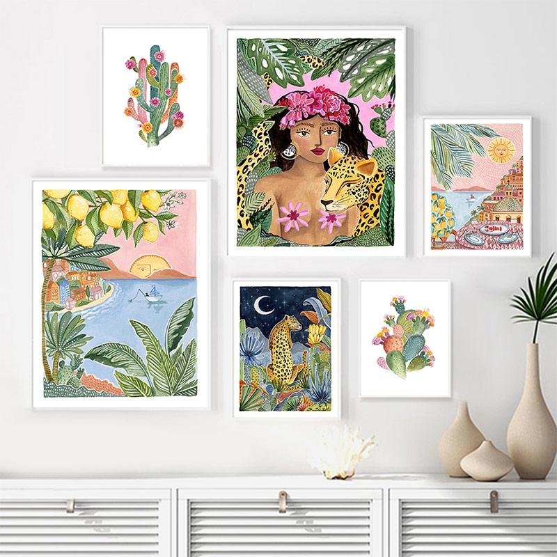 Boho Sun Cactus Banana Tree Женская леопардовая настенная живопись на холсте Плакаты на скандинавскую тему и принты настенные панно для декора гостиной