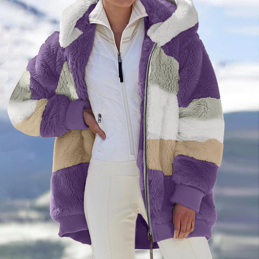 Женское модное зимнее свободное плюшевое пальто с длинным рукавом и карманом на молнии с капюшоном