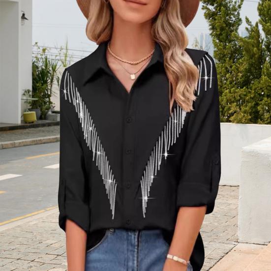 Женская рубашка с лацканами, длинным рукавом, планкой на пуговицах, кисточкой из стразов, однотонная