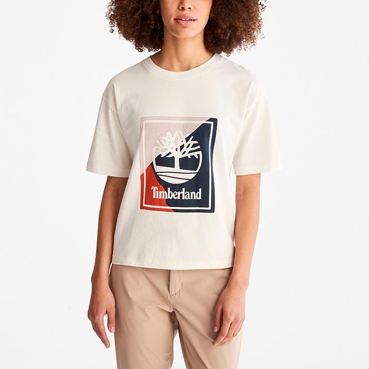 Timberland Футболка с коротким рукавом и круглым вырезом с буквенным принтом, женские топы, винтажно-белые A41TR-CM9