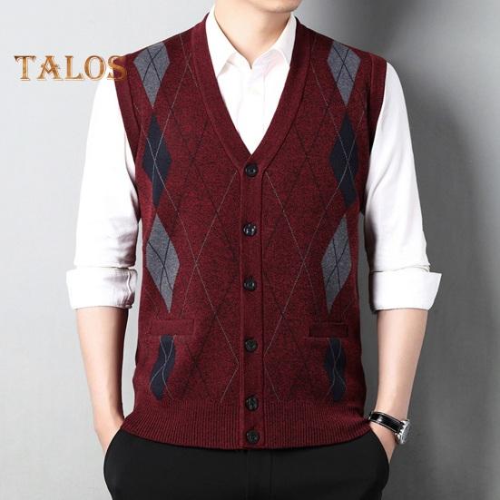 Men Autumn Winter Cardigan Sweater Single-breasted V Neck Sleeveless Buttons Color Matching Stretchy Pockets Knitted Vest Mid-aged Male Top
