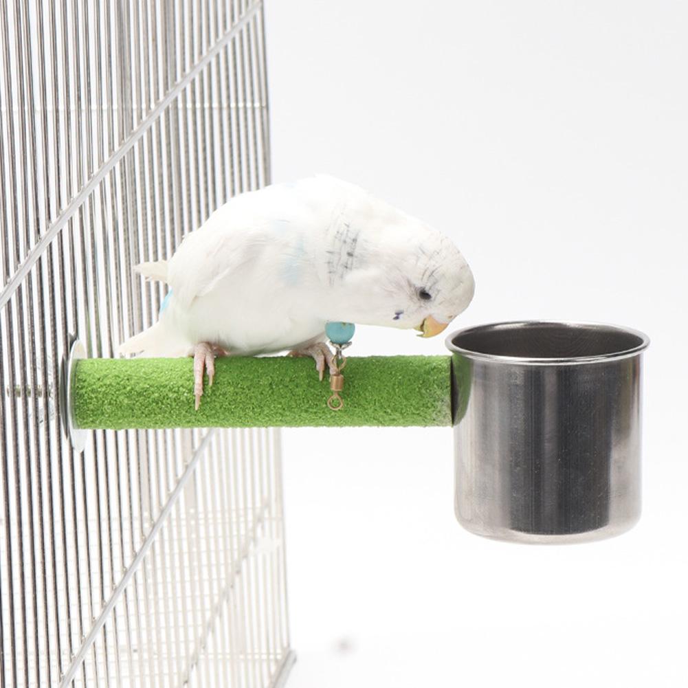 Bird Perch Stand With Feeding Bowl, Wooden Quartz Sand Bird Cage Perch Stand, Parrot Stainless Steel Food Water Bowls For Parakeet Cockatiel