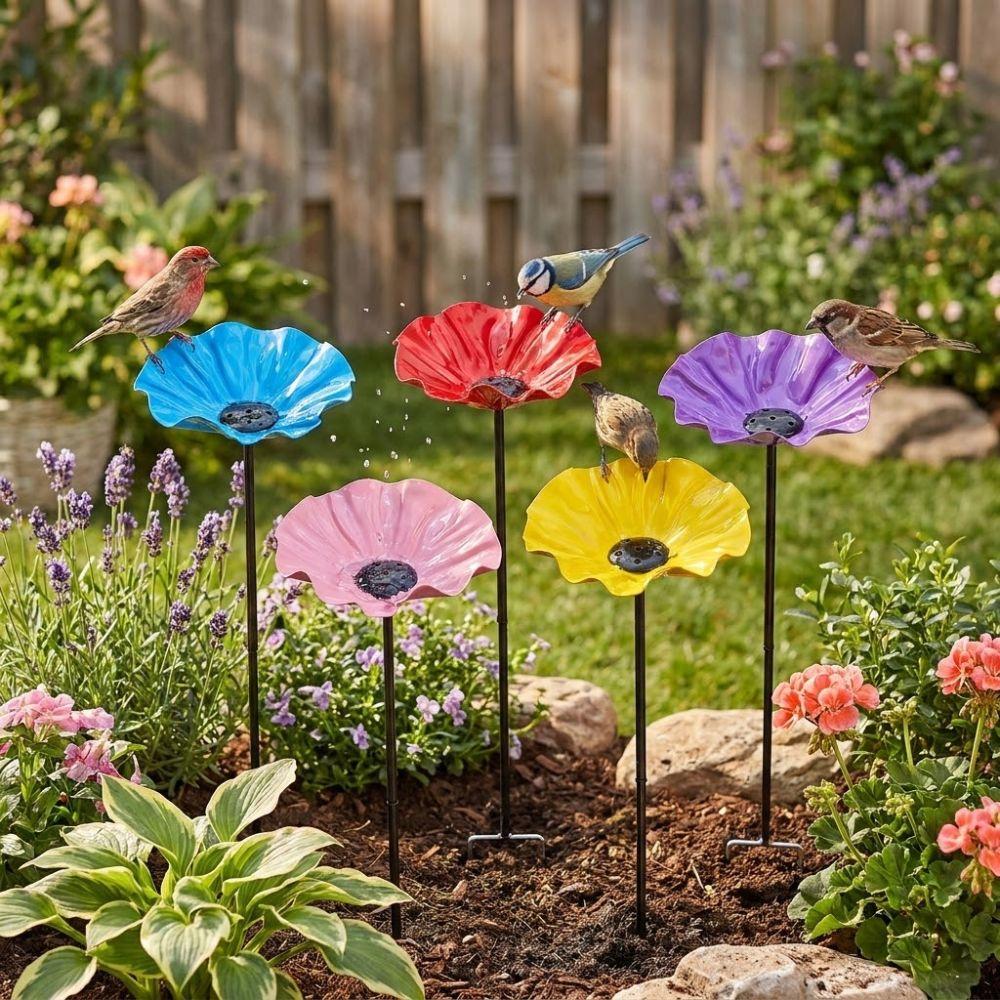 Handcrafted Garden Metal Flower Stake Sturdy Iron Bird Water Feeder  Backyard