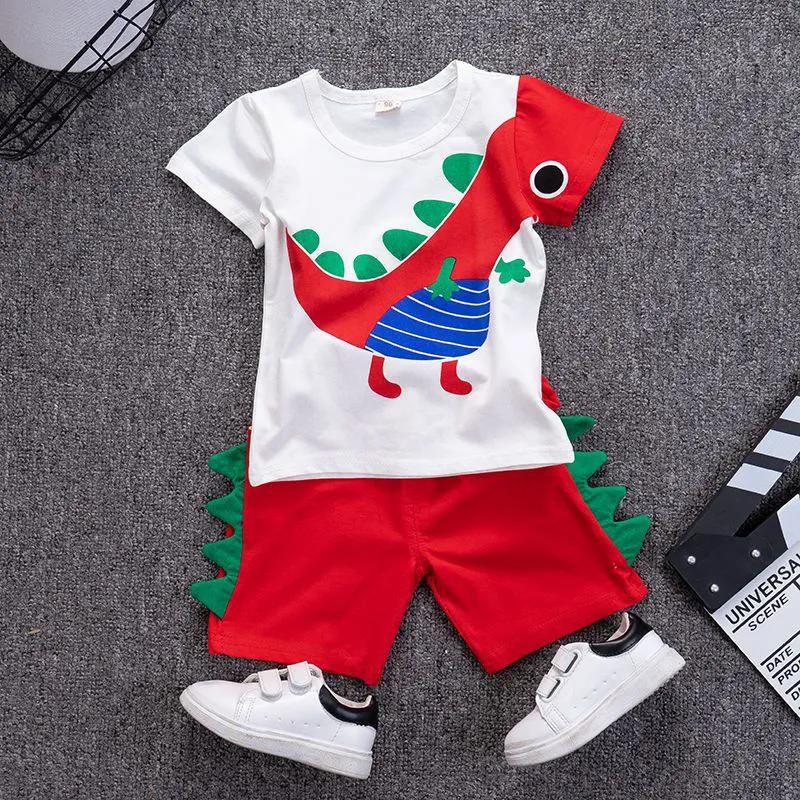 Летний детский костюм-двойка для мальчика, костюм с мультяшным принтом динозавра, футболка с круглым вырезом, шорты