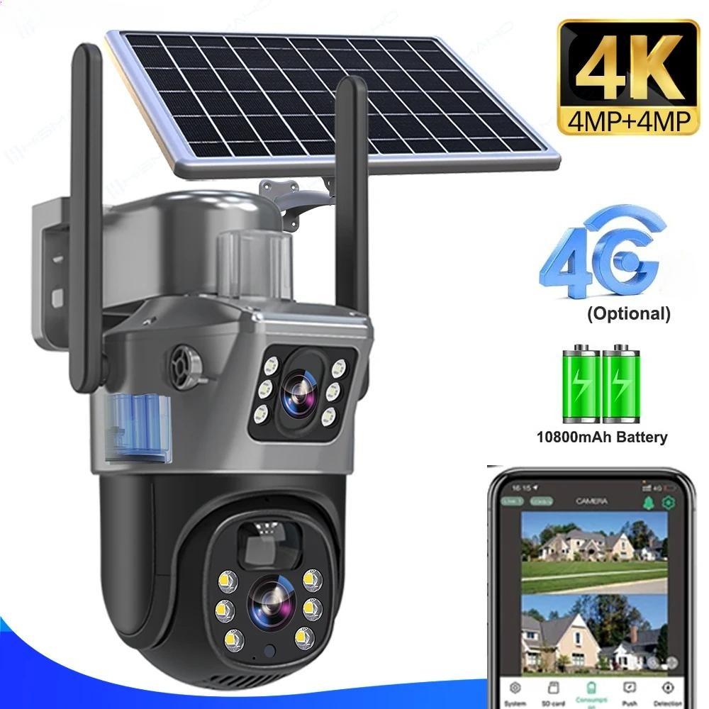 4K 8MP 4G Sim-карта с солнечной батареей, уличная беспроводная Wi-Fi IP-камера, двойной объектив, двойной экран, защита, наблюдение, видеонаблюдение