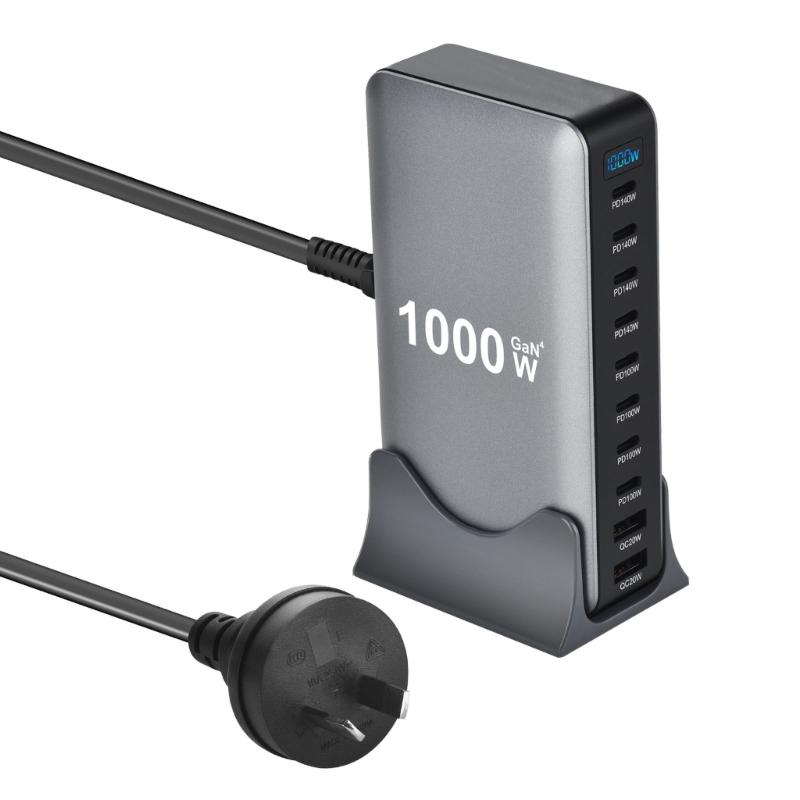 10-портовое USB-C зарядное устройство 1000 Вт, технология нитрида галлия, универсальная совместимость, компактный дизайн для нескольких электронных устройств