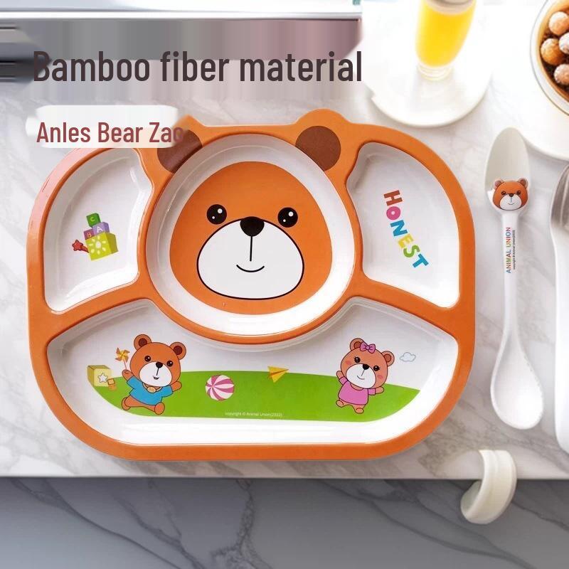 Мультяшный набор посуды Yao Baby: Милая миска с мишкой, ложка, стакан для воды и поднос с отделениями для еды.