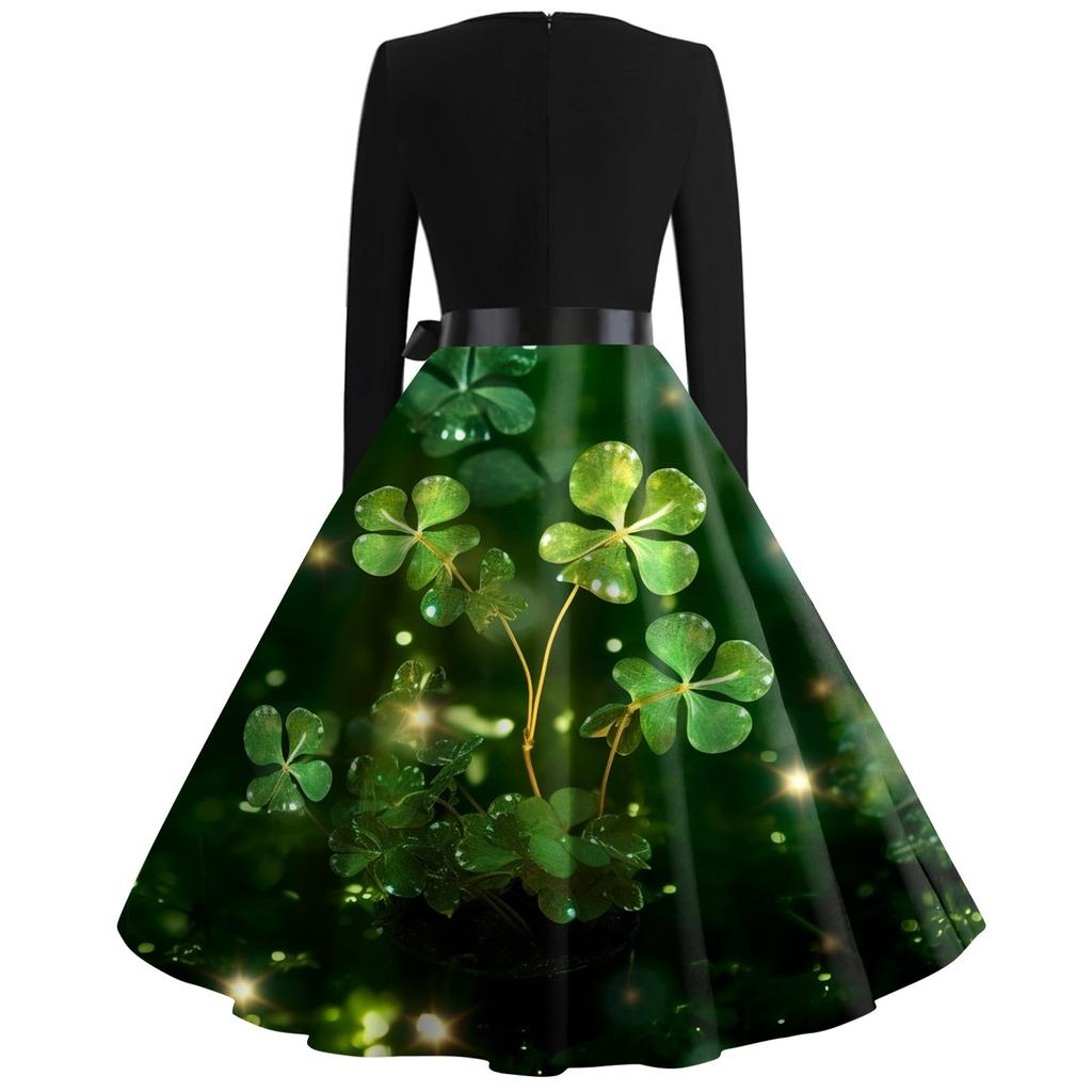 Women's Fashion Round Neck Casual Slim St Patrick's Day Printed Long Sleeve Dresses