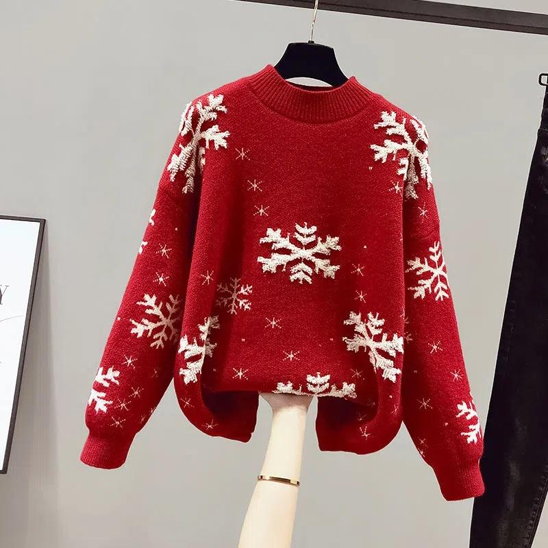 Women Christmas Sweaters Red Black Long Sleeve Jumpers Female Casual Mock Neck Pullovers Snowflake Pattern New Year Sweaters