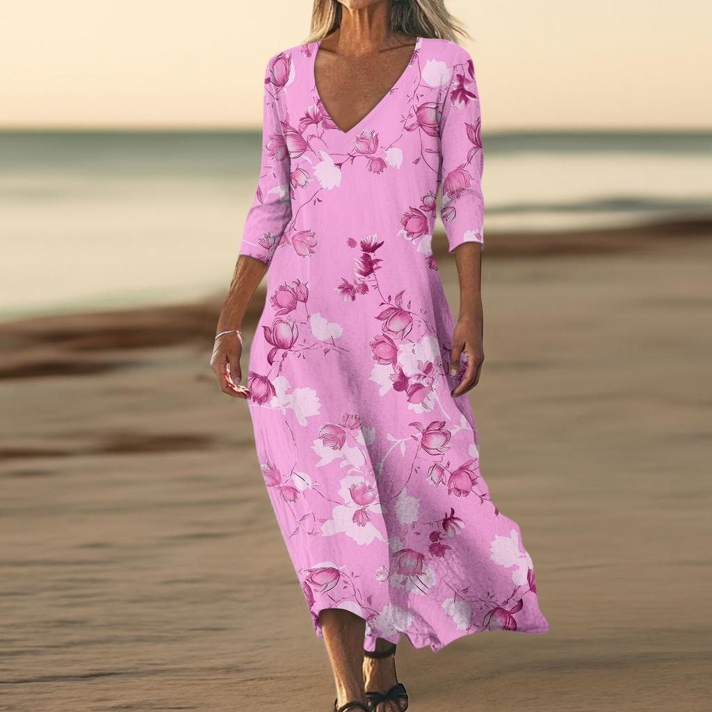 Платья для женщин Винтажный принт Туника с завышенной талией Миди-платье Летнее повседневное Платье с рукавом 3/4