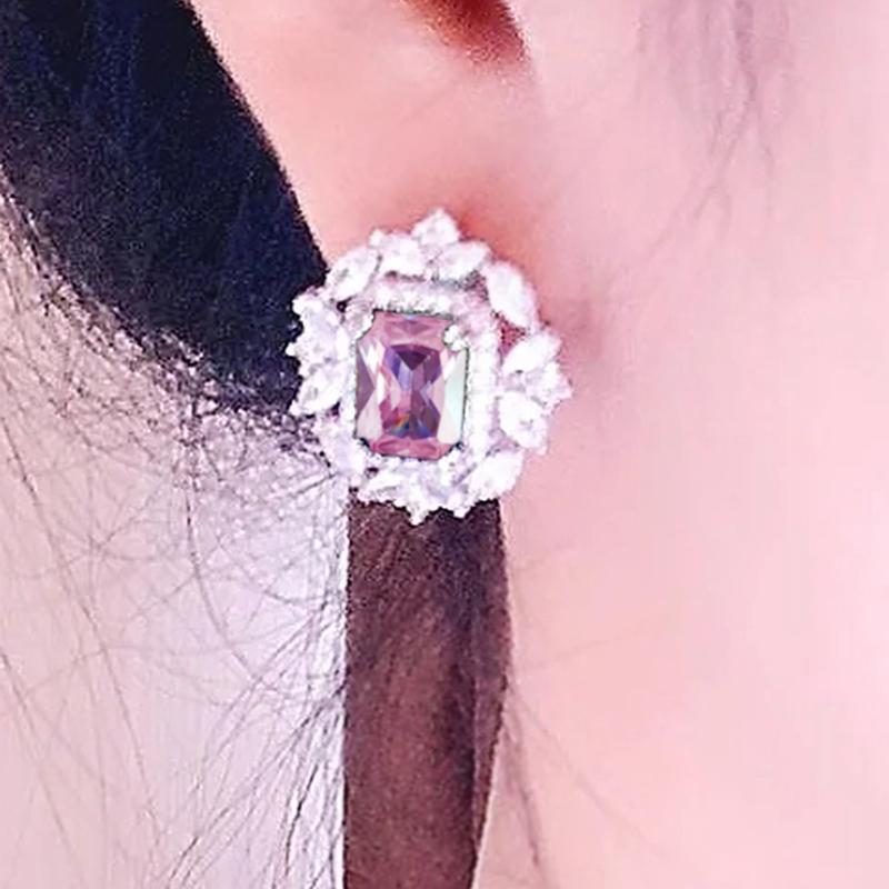 Luxury Green/Pink/Yellow/Red CZ Stud Earrings Women for Engagement Wedding Party Silver Color Fashion Design Jewelry Gift
