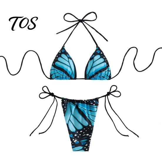 Adjustable Swimwear Women Butterfly Print Bikini Set, Halter Tie Top & Side Thong, Sexy Triangle Swimsuit Two Piece Swimsuit, Beach Bathing