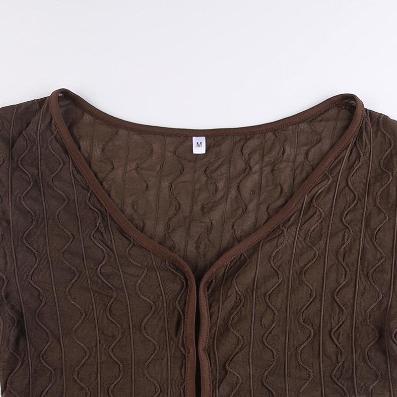 Women Retro Perspective V-neck Hollowed Cardigan T-shirt Tops Fashion Agaric Edge Short Bare Navel Top