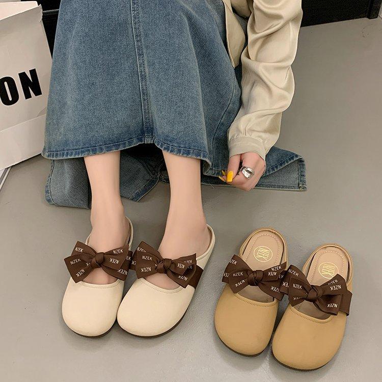 Тапочки-мешки на мягкой подошве, женские ленивые туфли 2025 года, весна, новые туфли с французским бантом на одной педали, полуопорные одинарные туфли