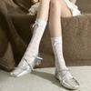 Lolita Lace Frill Mid-Calf Socks with Bow Ribbon - White Ballet Style JK Knee-Highs for Spring & Autumn