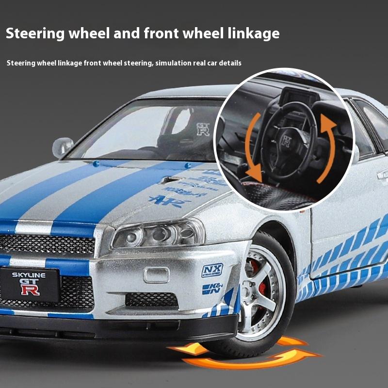 1/24 Scale Nissan GTR-R34 Alloy Car Model with Authentic Sound Effects, Premium Collectible Toy for Kids & Adults
