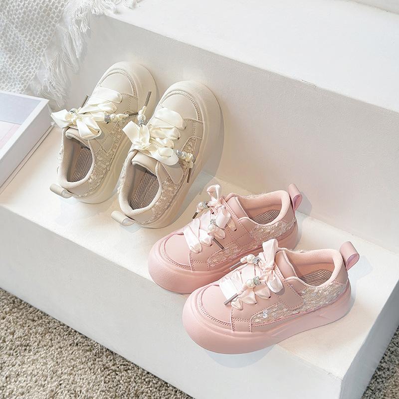 Children Shoes Girls Sneakers Beige Pink Flat Skateboard Sneaker Bling Kids Casual Leather Sports tennis Shoes for Girl H08013