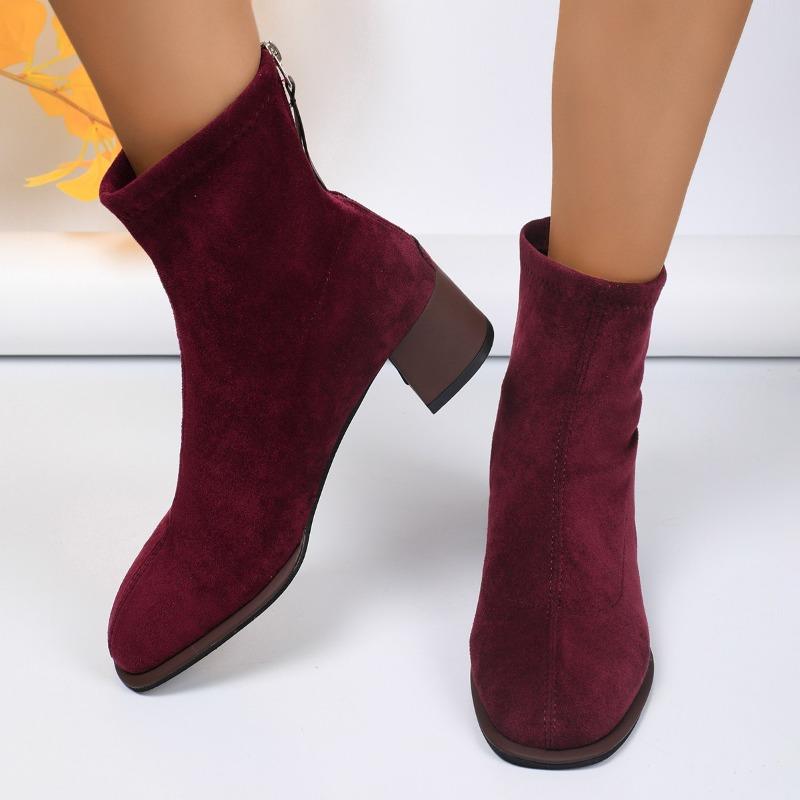 Распродажа женской обуви 2024 года, модные женские ботинки на молнии, осенние, с круглым носком, замшевые, однотонные, короткие, на толстом каблуке, большого размера