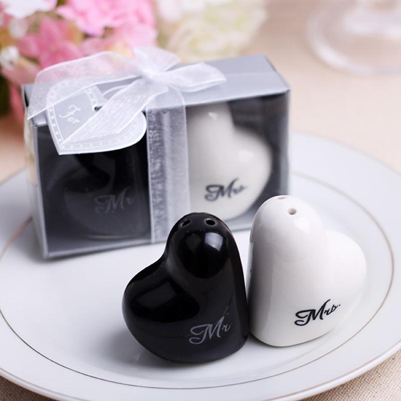 Round+Cube Ceramic Mr. and Mrs. Salt Pepper Shakers Canister Set Wedding Party Favors