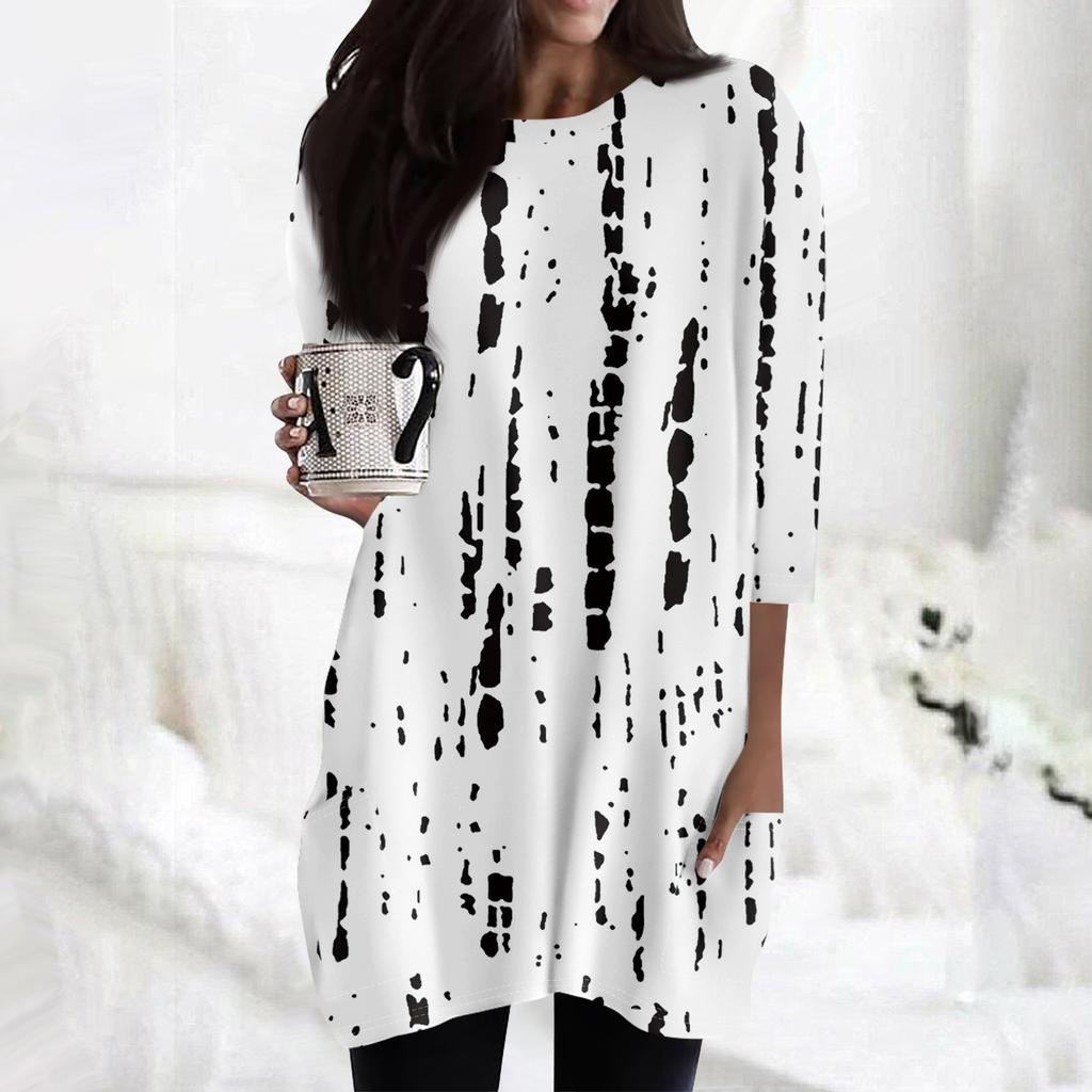 Женские повседневные рубашки с рукавами 3/4, модные туники с принтом, топы с карманами