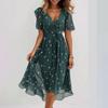 V-neck Floral Print Summer Dress with Short Sleeves and Waist Tie In Green/Pink/Multi-color Options