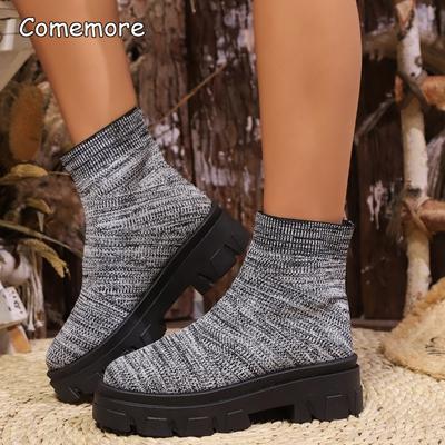 Модные вязаные ботильоны на массивной платформе для женщин Удобные слипоны Женская обувь Толстая подошва Эластичные носки-ботинки Женский размер36 43