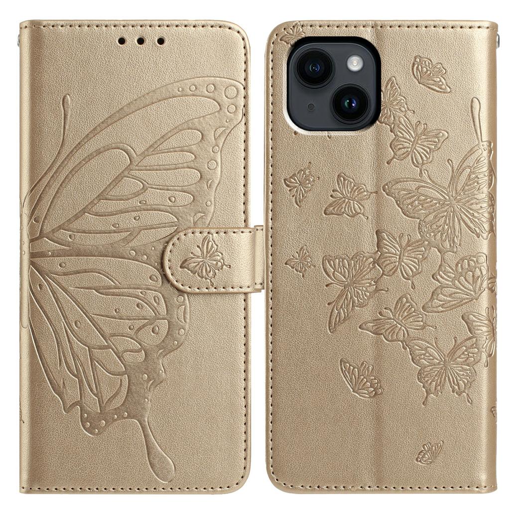 For iPhone 14 Case Butterfly Imprinted Wallet Stand PU Leather Flip Phone Cover with Strap