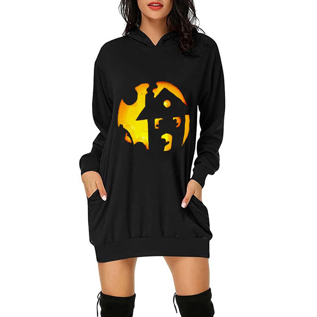 Women Casual Fashion Loose Plus Size Halloween Print Long-Sleeve Blouse Dress