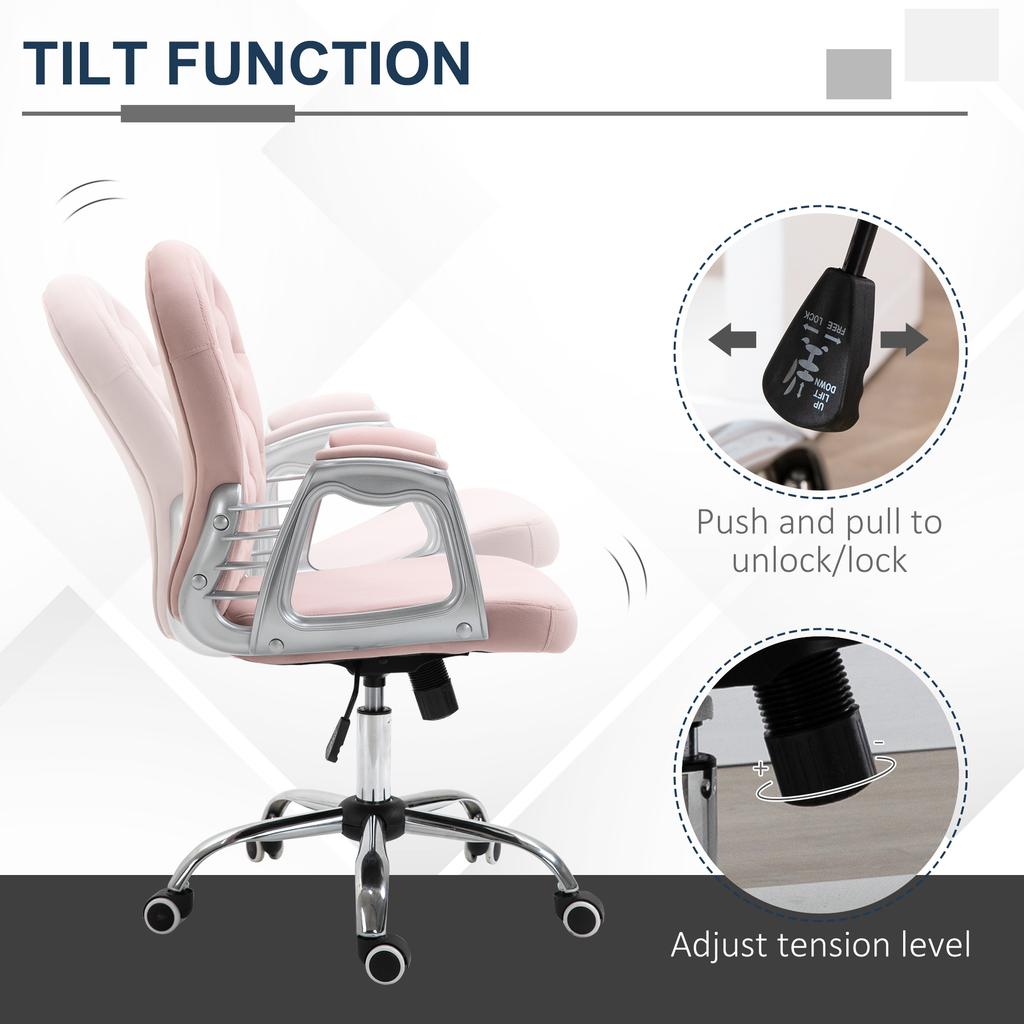 Office Chair, Swivel Desk Chair, Velvet Vanity Chair with Adjustable Height and Rolling Wheels for Home Work Study, Pink