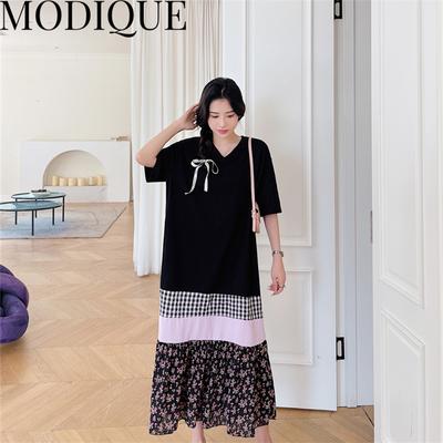 MODIQUE Лето плюс размер Новая классическая рубашка Женская свободная уличная одежда Лоскутное хлопковое льняное платье с цветочным принтом Однотонные складки Повседневные женские платья с v-образным вырезом