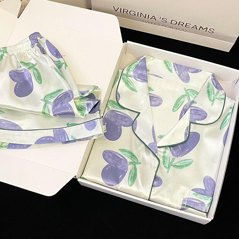 Peony Print Sweet Classic Short Women's Pajamas Simulated Silk Female House Clothing Summer Cool Casual Sleepwear