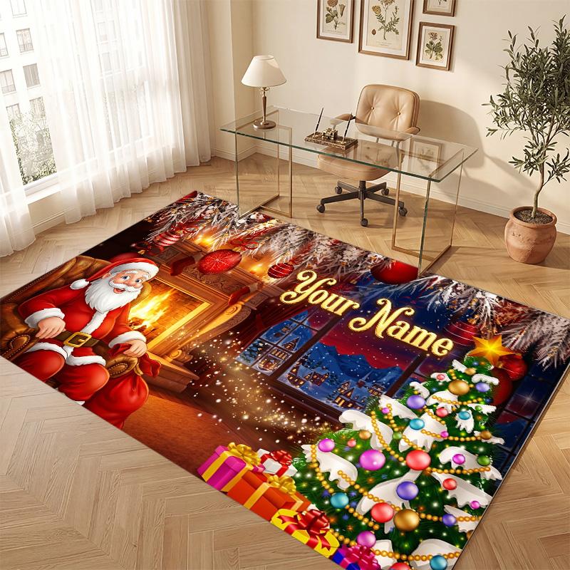 Christmas Theme Soft Crystal Velvet Rug Custom Name & Text Print Non Slip Floor Rug for Bedroom Living Room