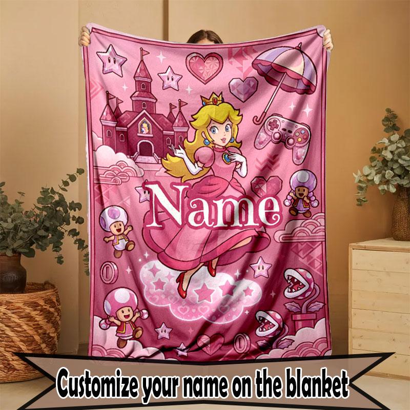 Custom Name Personalized Princess Peach Toadstool Print Blanket, Home Decor, Bedroom, Sofa, Camping, Couch, Gifts for Birthday Christmas