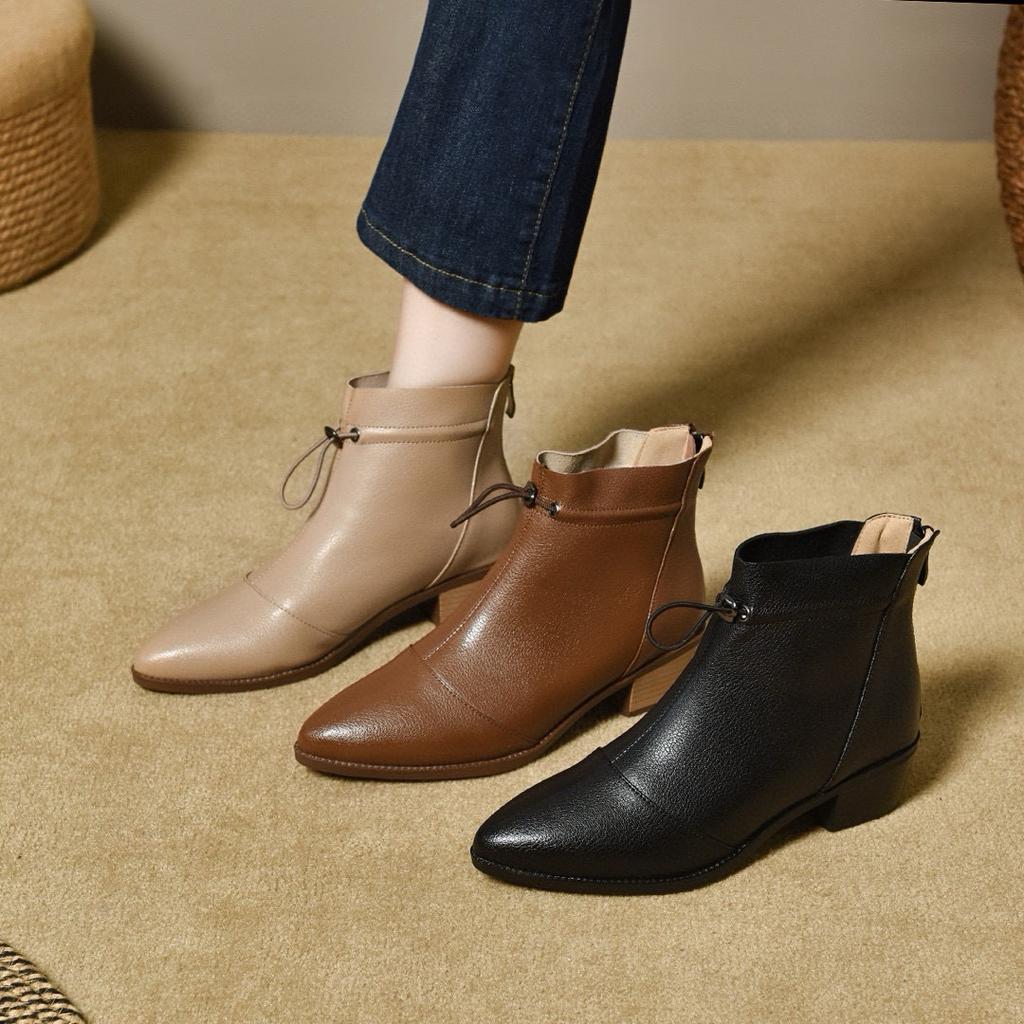 Pointed Short Boots Women's Ruffle Edge Mid-heel Leather Boots Thin Women's Cotton Boots Fashion Boots Ankle Boots Large Size Women's Shoes