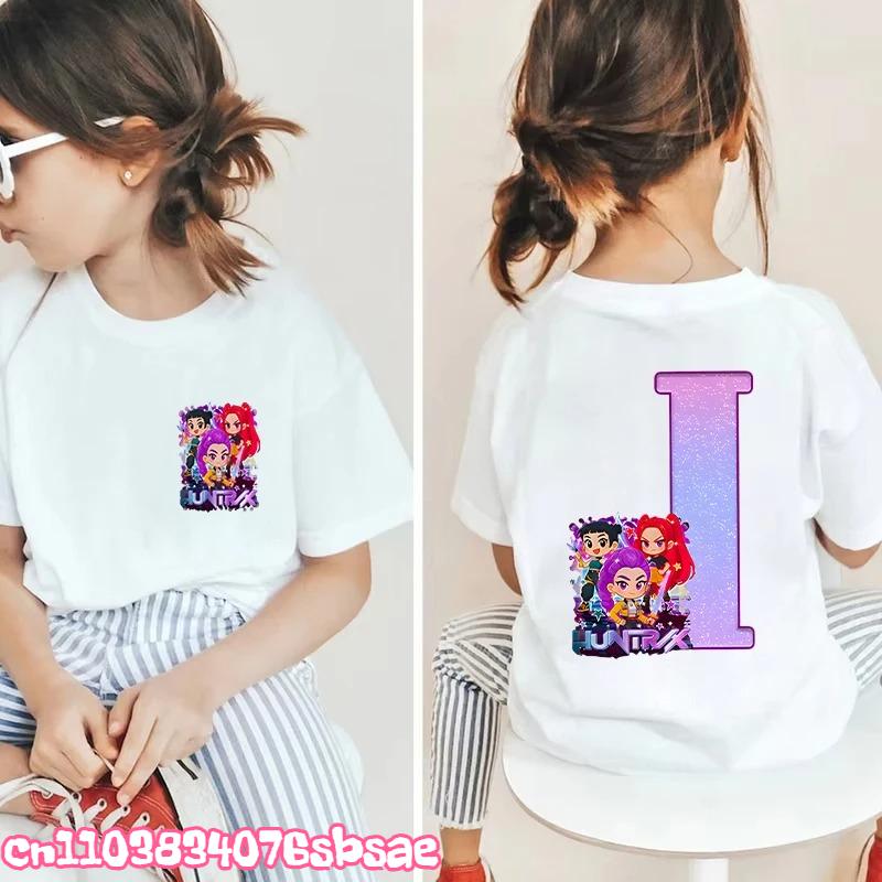Hot Fashion Girls Boys T-shirts A-Z 26 Letter Kpop Demon Hunter HuntrX Graphic Kids Tops Short Sleeve Tees Shirts Child Clothing